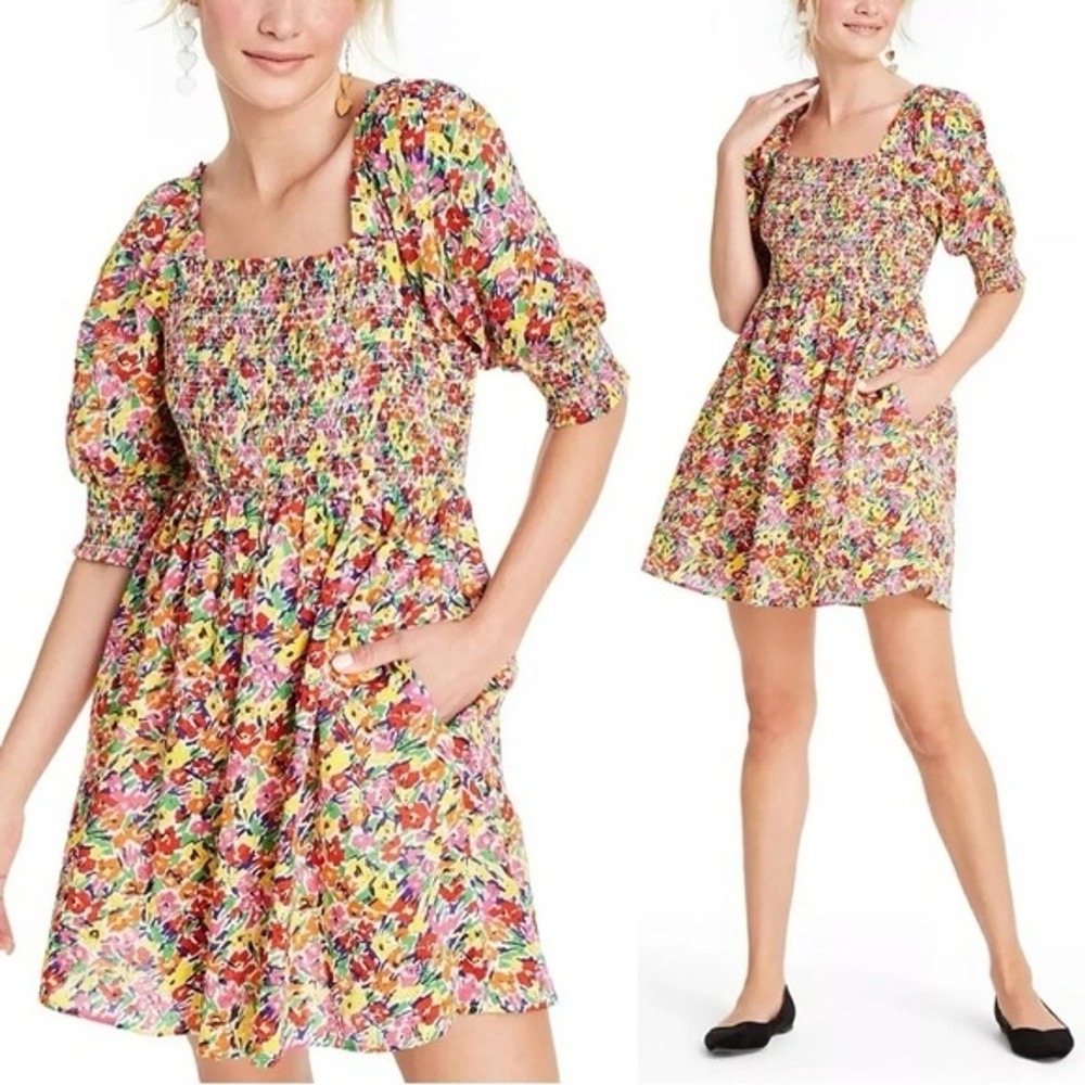 RIXO for Target Floral Smocked Mini Dress Multicolor Puff Sleeve XS Retro